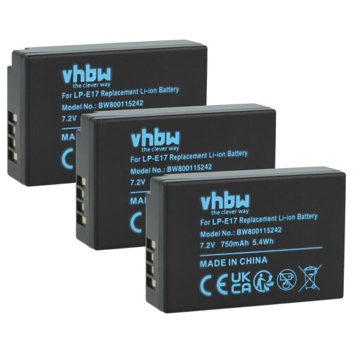 vhbw 3x Batterie compatible avec Canon EOS Kiss X8i, 8000D, 800D, 250D, 77D | pour Kiss X10, 750D, 850D, 200D, 760D appareil photo (750mAh, 7,2V, Li-ion)