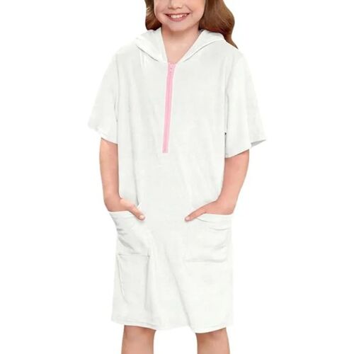 Poncho De Bain Fille 130 Cm En 100% Coton Éponge Blanc, Serviette De Plage Absorbante Avec Capuche Pour Piscine, Vacances Et
