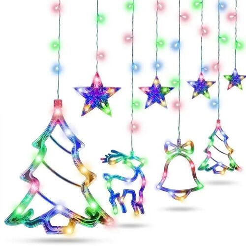 Rideau Lumineux Led Noël 250cm 8 Modes Motifs Étoiles Rennes Sapins Cloches Ip44 Intérieur Extérieur Alimentation Usb Et Piles