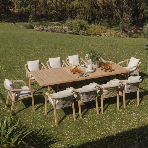 Set De Table Rectangulaire Extensible 200-260-320x100 Cm Et 10 Chaises De Jardin Avec Accoudoirs En Bois D'acacia Dubai Acacia Rustique Marron