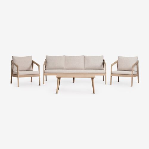 Ensemble de salon avec canapé 3 places, 2 fauteuils et table basse en bois d'acacia et corde tressée Kaela Acacia Marron Clair