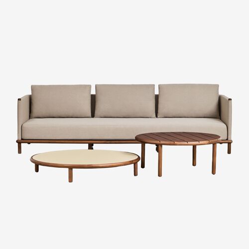 Ensemble De Jardin Avec Canapé 3 Places Et 2 Tables Basses Rondes En Bois D'acacia Olivia Beige Semoline - Brun Acacia Foncé Brun Acacia Foncé