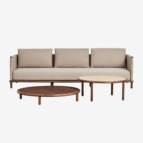 Ensemble De Jardin Avec Canapé 3 Places Et 2 Tables Basses Rondes En Bois D'acacia Olivia Brun Acacia Foncé - Beige Semoline Brun Acacia Foncé