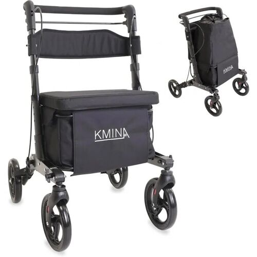 Kmina Déambulateur 4 Roues Avec Siège Et Dossier, Chariot De Courses Pliable, Sac 28-60 L, Guidon Réglable, Frein À 1 Main.