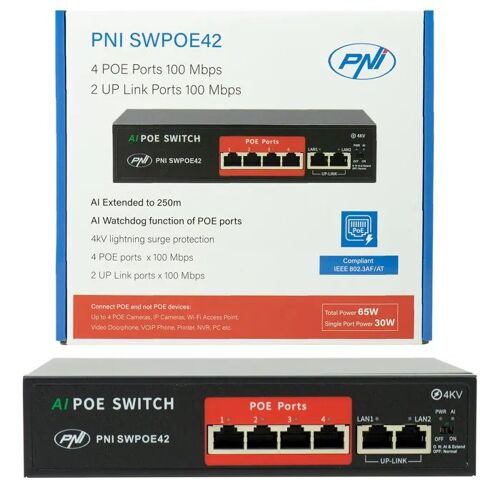 Switch PoE - PNI - SWPOE42 - 4 ports PoE 100 Mbps - 2 ports LAN 100 Mbps - Protection 4 kV