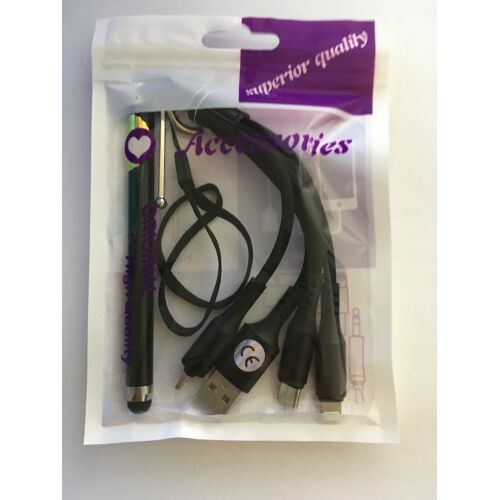 Adaptateur avec anneau pour porte clés, câbles tressés, Multi prises USB type A ; USB type C (iPhone 15 et supérieurs) ; Micro USB ; Lightning (iPhone 5 à 14). Couleur noire.