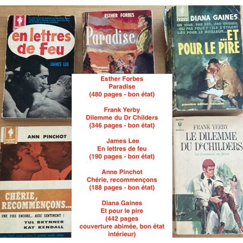 5 Livres Marabout : E. Forbes, Paradise / F. Yerby, Dilemme Du Dr Childers / J. Lee, En Lettres De Feu / A. Pinchot, Chérie, Recommençons / D. Gaines, Et Pour Le Pire (
