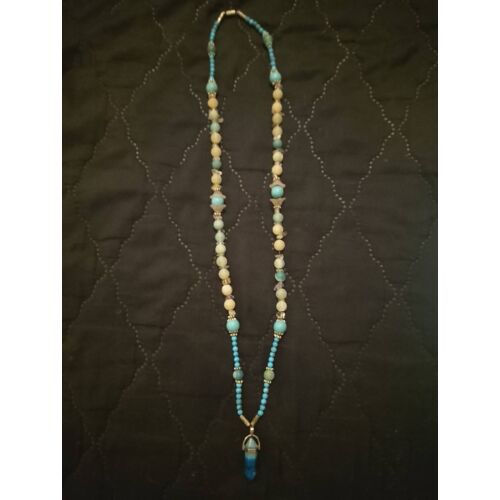 Collier En Cristal De Roche, Turquoises, Agates Givrées, Bleu/Argenté Neuf.