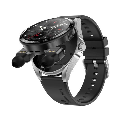 Montre Connectée 2 en 1 avec Écouteurs Bluetooth Appels NFC Étanchéité IP67 Argent + Black Silicone YONIS