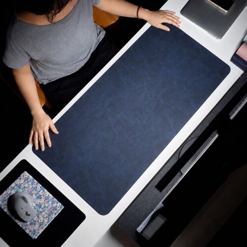 Tapis de Bureau 120x60 cm Réversible en Similicuir PVC et Liège avec Sangle Bleu YONIS