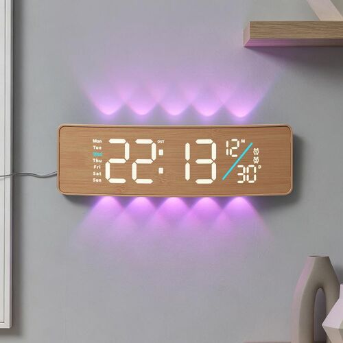 Horloge Murale LED Numérique Courbée Rétroéclairage RGB Doubles Alarmes Minuteur Jaune YONIS