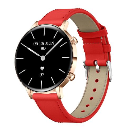 Montre Connectée Femme Écran AMOLED 1,32 Pouce Suivi Cardiaque IP68 Gold Case Red Leather Strap YONIS