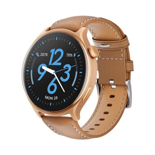 Montre Connectée 1.46 Pouce Appels Bluetooth Suivi Santé Autonomie 10 Jours Or + Brown PU Leather Strap YONIS