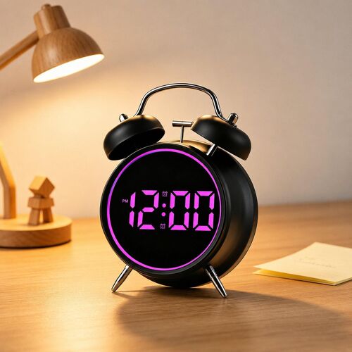 Réveil Numérique À Double Cloche Alarme Sonore Forte Anneau Lumineux USB Et Piles Violet YONIS