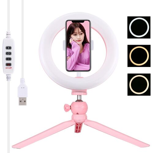 Anneau Lumineux LED 20 cm USB 3 Modes Réglable avec Trépied et Pince Téléphone Rose YONIS