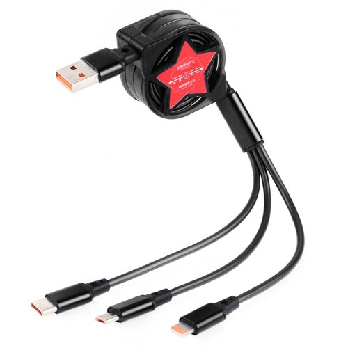 Câble USB 3 en 1 Rétractable 1,2 m Charge et Données USB-C 8Pin Micro USB Noir YONIS