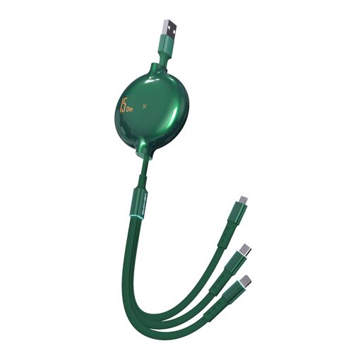 Câble de Charge et Données 3 en 1 1,5 m USB-C 8 Pin Micro USB Rétractable Vert YONIS