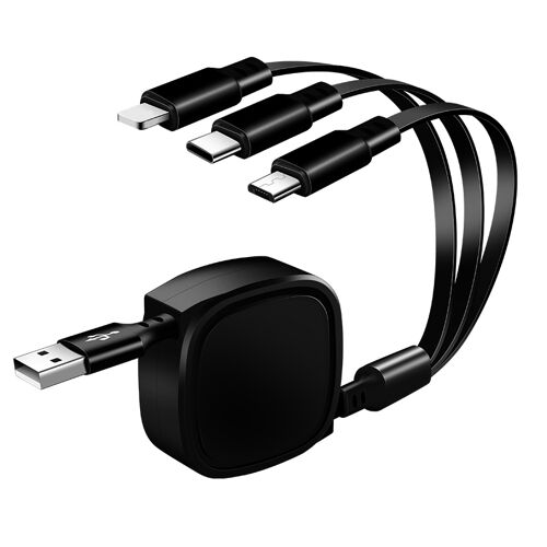 Câble de Charge Rétractable 3 en 1 USB vers USB-C 8Pin et Micro USB 3,5 A Noir YONIS
