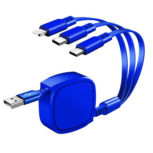 Câble de Charge Rétractable 3 en 1 USB vers USB-C 8Pin et Micro USB 3,5 A Bleu YONIS