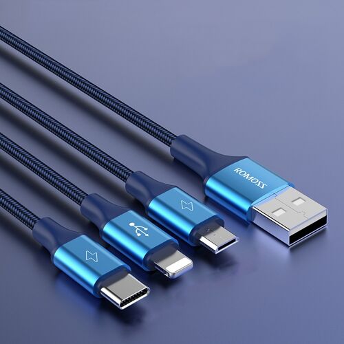Câble 3 En 1 1 m 8 Pin Type-C Micro USB 3,5 A Charge 3 Appareils Simultanément Bleu YONIS