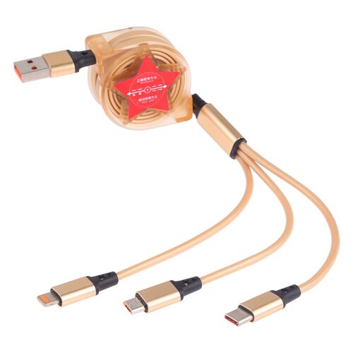 Câble USB 3 en 1 Rétractable 1,2 m Charge et Données USB-C 8Pin Micro USB Or YONIS