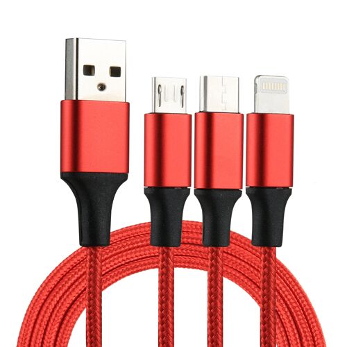 Câble De Charge 3 En 1 USB Vers 8 Pin USB-C Et Micro USB 1.2 m Nylon Tressé Rouge YONIS