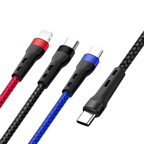 Câble De Charge Et Données 3 En 1 Type-C 8 Pin Micro USB 66W Charge 3 Appareils Bleu YONIS