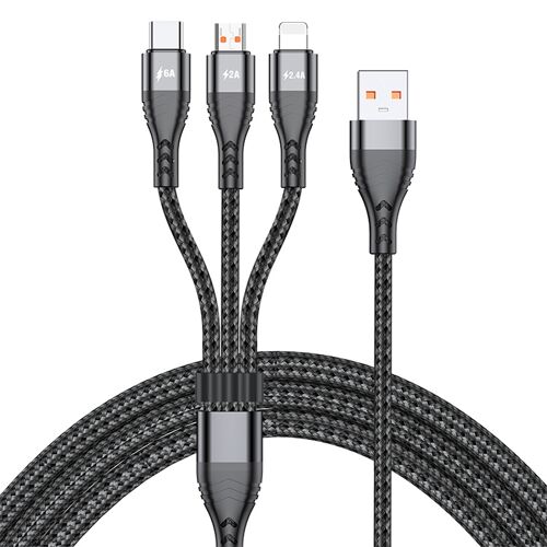 Câble 3 en 1 USB vers 8 Pin Micro USB USB-C Charge Rapide 66 W Pour 3 Appareils Noir YONIS