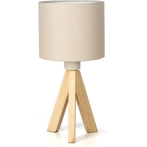 Lampe De Chevet Bois Trépied Vintage Élégante Beige 38cm Abat-Jour Tissu Tc, Base Bois Massif, Culot E27, Interrupteur Câble