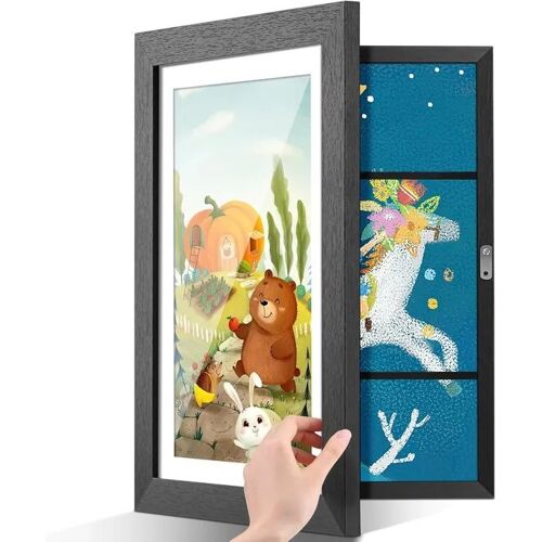 Cadre A3 Ouvrant pour Dessins d'Enfants, 34x46 cm Noir, MDF & Acrylique, Capacité 50-200 Feuilles, Fermeture Magnétique
