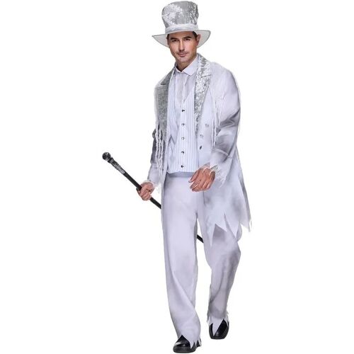Déguisement Fantôme Gentleman Victorien Blanc & Gris, Costume Complet 3 Pièces (Manteau Gilet, Pantalon, Haut-De-Forme), Style