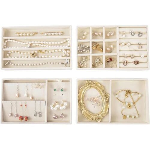 Organisateur De Bijoux Lot De 4 Plateaux En Velours Beige 21x12x2.5cm Mdf, Flanelle Douce, Compartiments Modulables Pour Bagues