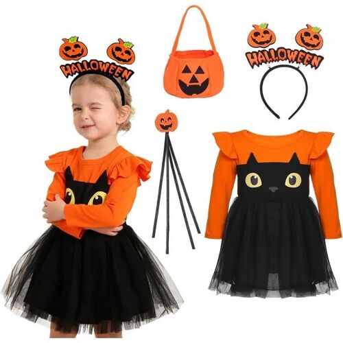 Déguisement Citrouille Halloween Pour Enfant, Tenue Complète Avec Accessoires : Serre-Tête, Sac À Bonbons, Baguette Magique