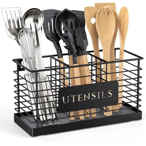Grand Organisateur Ustensiles Cuisine Acier Inoxydable 3 Compartiments Base Bois Noir Mat, Ventilation Maille, Tapis