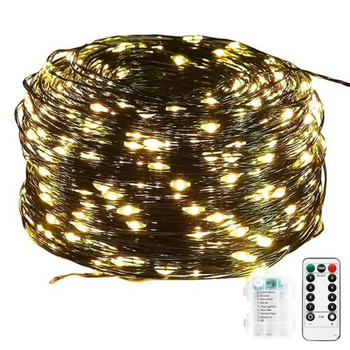 Guirlande Led 100 Diod Fil Cuivre Étanche Ip65 8 Modes 10m Avec Télécommande Et Minuteur, Alimentation Piles Aa, Décoration