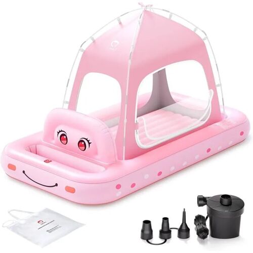 QPAU Matelas gonflable enfant avec tente princesse amovible, lit de voyage rose avec pompe électrique, dès 3 ans, 198 x 109 cm.