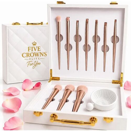 Five Crowns Elite Coffret 10 Pinceaux Maquillage, Nettoyeur Silicone, Mallette Capitonnée Blanc & Or, Fibres Synthétiques. Multicolore