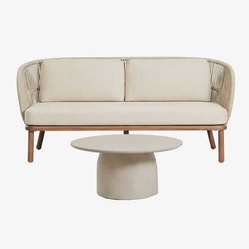 Ensemble de salon avec canapé 2 places en corde tressée Capri et table basse ronde Ø75 cm en ciment Layana Beige Crème