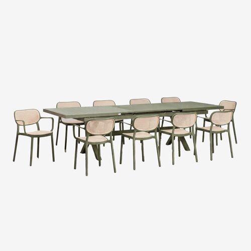 Set De Table Rectangulaire Extensible 240-300x100 Cm Karena Et 10 Chaises De Jardin Empilables Avec Accoudoirs Omara Vert Olive Intense