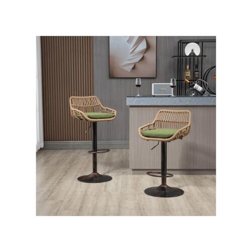 Tabouret de bar - MUVOE - Lot de 2 - Réglable en hauteur - Métal et rotin - Couleur verte