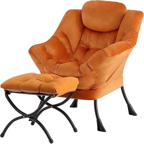Fauteuil de Relaxation TIITA Orange Velours Confortable avec Repose-pieds, Charge Max 180kg, Acier, Coton PP, Idéal Salon