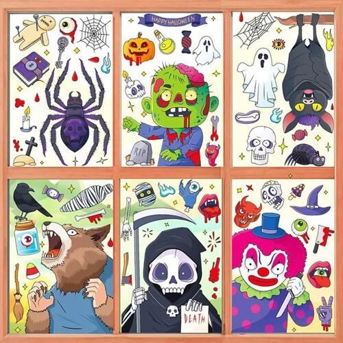 Autocollants Halloween Fenêtre PVC Électrostatique 78 Pièces 6 Feuilles 20x30cm Décoration Réutilisable Sans Colle Double Face