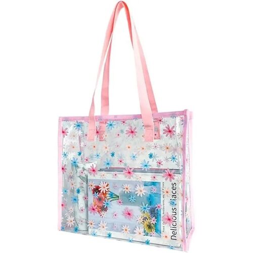 Sac de Plage Imperméable PVC Fleuri Léger Résistant 35x30x13 cm, Sac de Rangement pour Serviettes Maillot de Bain, Poche Zippée