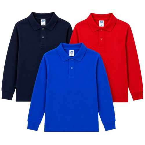 Lot De 3 Polos Enfant Unisexe Manches Longues Coton – Marine, Bleu Royal, Rouge