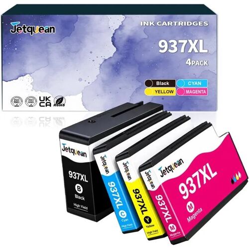 Jetquean 937XL Lot de 4 Cartouches d¿encre compatibles HP OfficeJet Pro 9110b, 9120b, 9130b, 9720, 9730 ¿ Noir/Cyan/Magenta/Jaune.