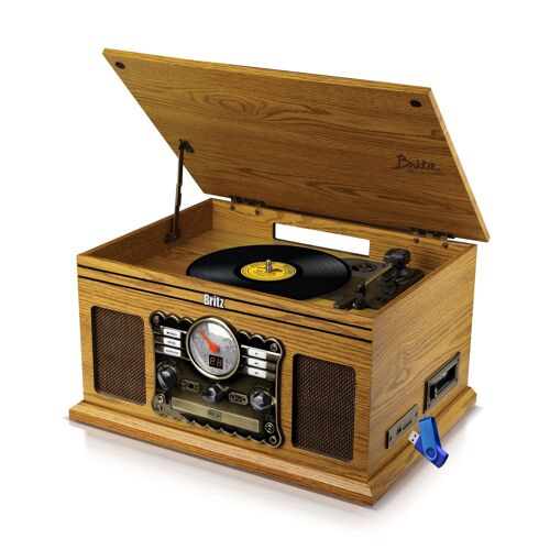 BM Sonic Britz Tourne-Disque Rétro 50W 33/45/78 Tours Bluetooth USB SD Radio FM Lecteur CD Cassette Stéréo Bois + Clé USB 32Go