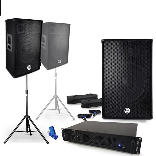 Pack SONO 2 enceintes 2x700W BM SONIC BMS-15, Amplificateur Ibiza AMP-1000 MKII, Supports pieds et câbles + clé 32Gigas