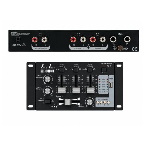 HQ Power PROMIX50U Table de mixage MP3 stéréo 2 canaux, 2 entrées micro et 1 entrée USB, Sono DJ