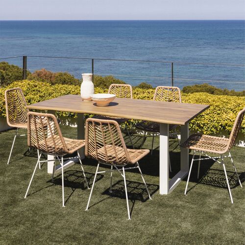 Ensemble Table Rectangulaire 180x90 Cm En Bois D'acacia Et Acier Maupi Et 6 Chaises De Jardin En Rotin Synthétique Gouda Natural Blanc Gardenia