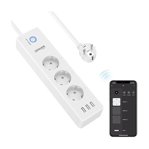 GHome Smart Multiprise Connectée WiFi avec 3 Prises Et 3 Ports USB, 16A